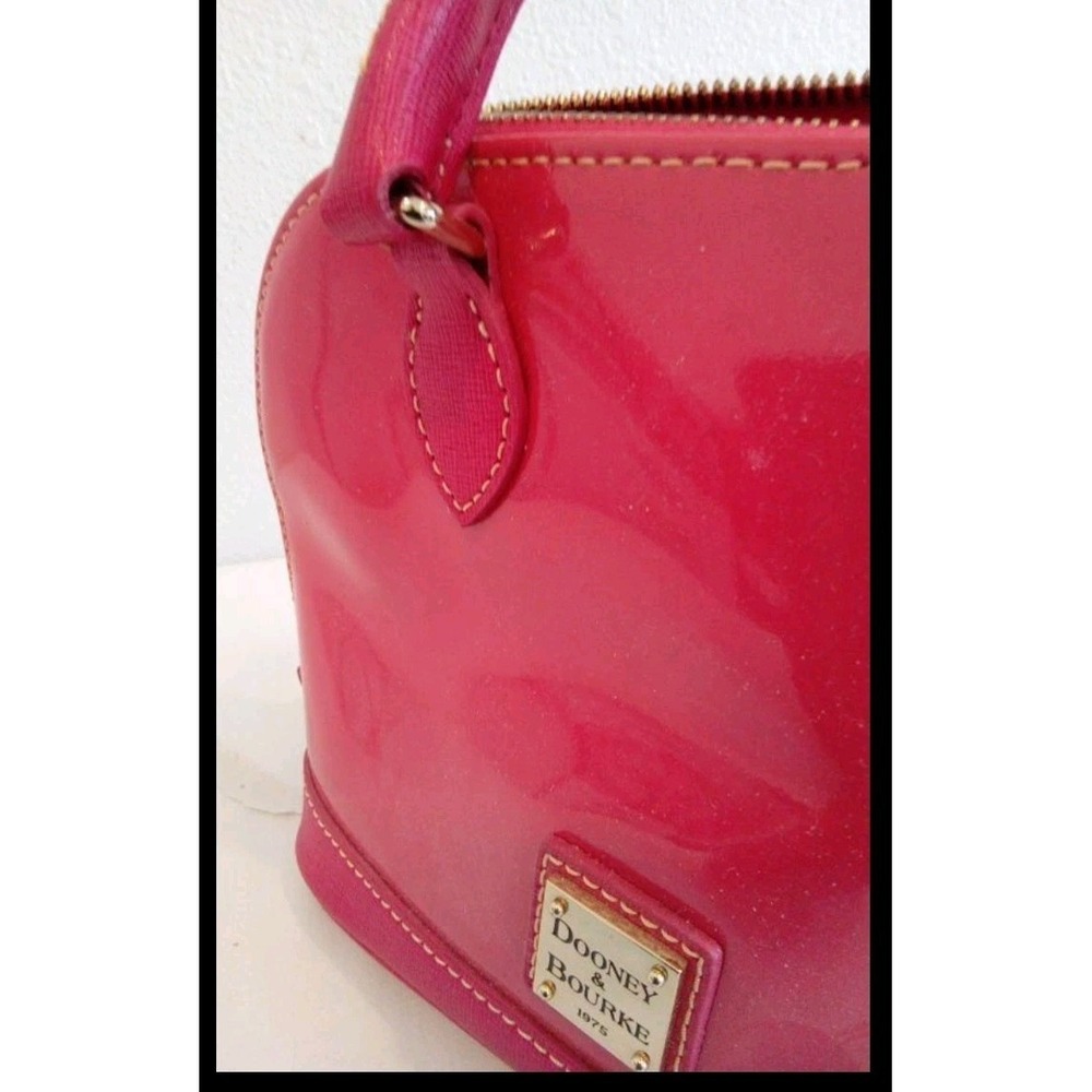 Dooney & Bourke Domed Satchel Hot Pink Patent Leather Natural Trim Zip Closure - Picture 7 of 16